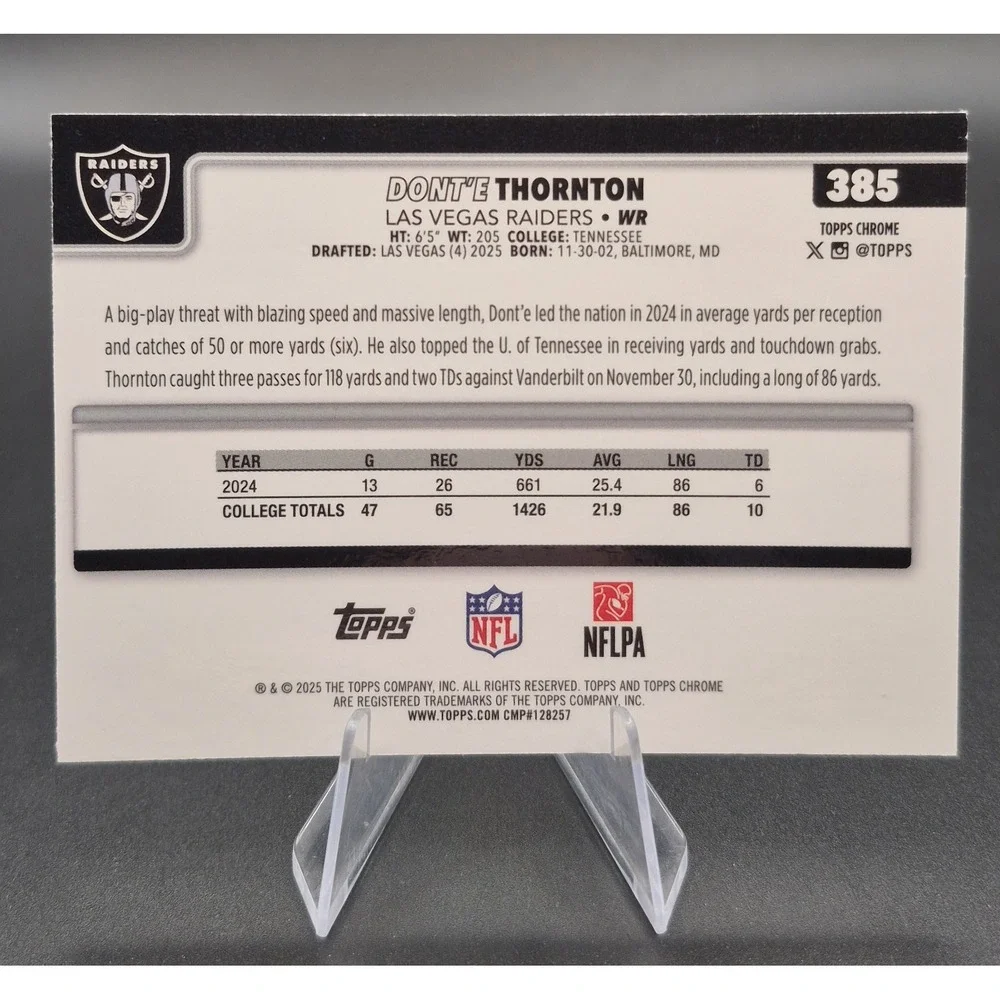 2025 Topps Chrome Dont'e Thornton Jr. #385 Green Refractor /99 (RC) Raiders